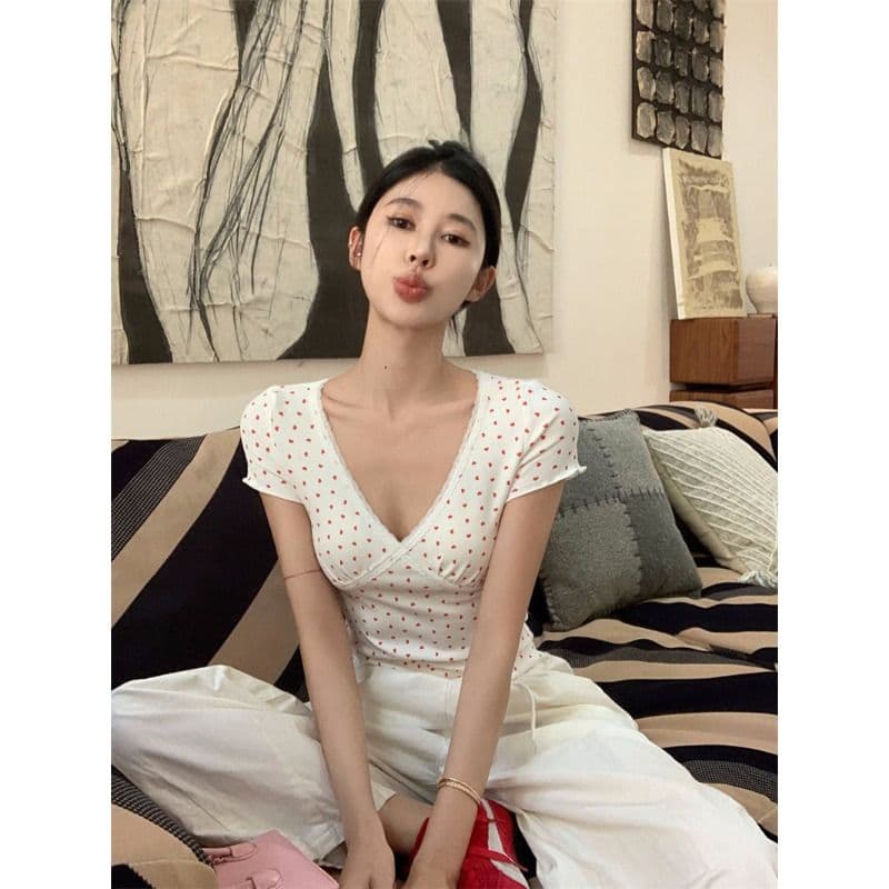 원본 3 색 핫걸 바람 레이스 조각 V넥 반팔 티셔츠 여성 여름 레트로 레오파드 무늬 몸매 가꾸기 맨위 이미지 4
