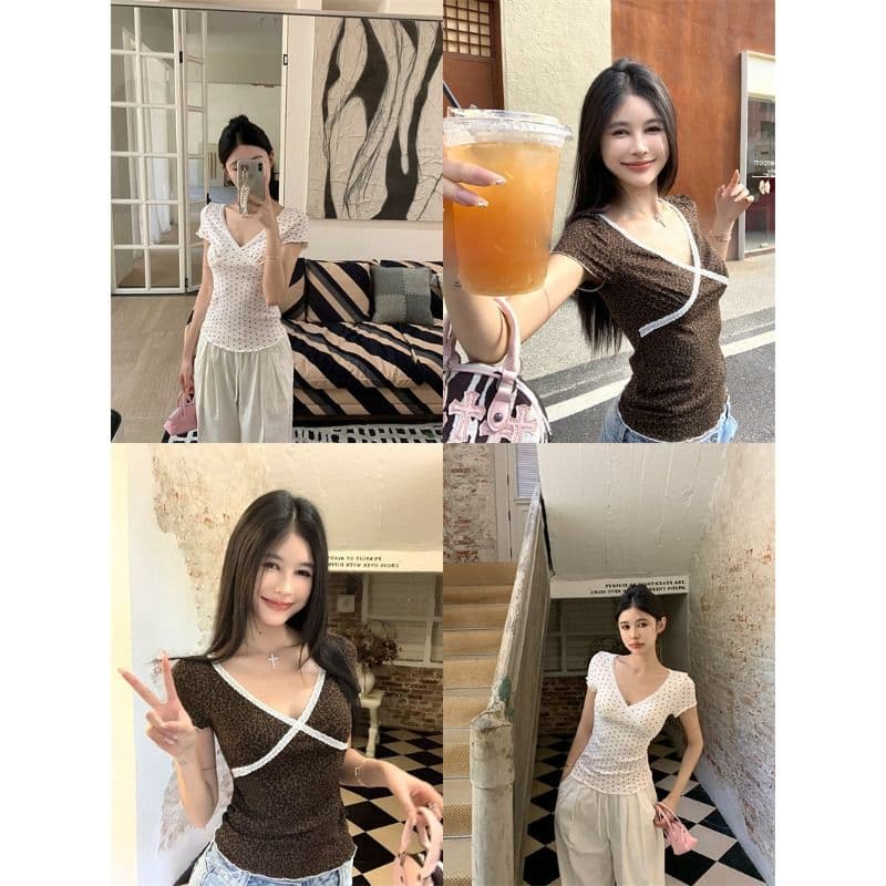 원본 3 색 핫걸 바람 레이스 조각 V넥 반팔 티셔츠 여성 여름 레트로 레오파드 무늬 몸매 가꾸기 맨위 이미지 5