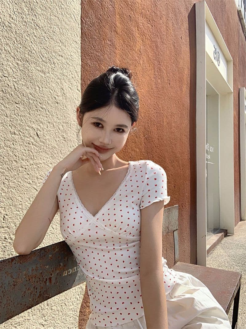 원본 3 색 핫걸 바람 레이스 조각 V넥 반팔 티셔츠 여성 여름 레트로 레오파드 무늬 몸매 가꾸기 맨위 상세 이미지 6