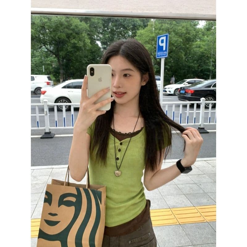 프랑스 리브 원본 원단 한 부서 페이크 레이어드 레이스 조각 반팔 티셔츠 여성 녹색 몸매 가꾸기 맨위 이미지 2