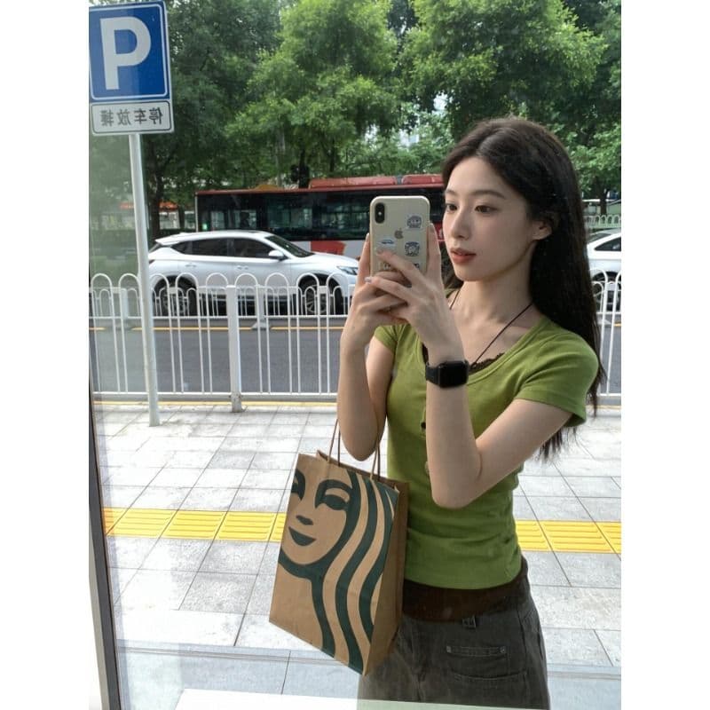 프랑스 리브 원본 원단 한 부서 페이크 레이어드 레이스 조각 반팔 티셔츠 여성 녹색 몸매 가꾸기 맨위 이미지 5