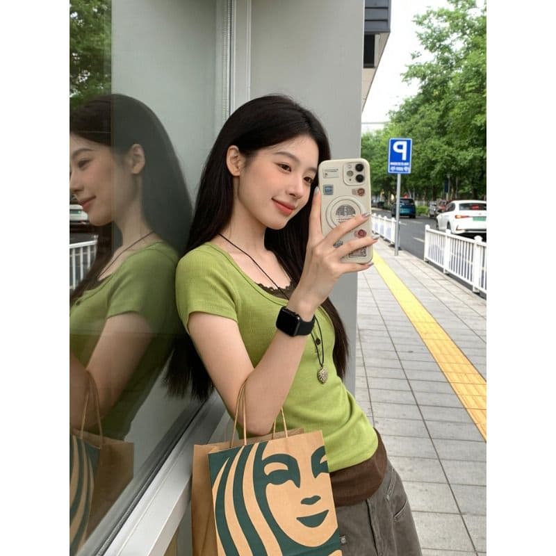 프랑스 리브 원본 원단 한 부서 페이크 레이어드 레이스 조각 반팔 티셔츠 여성 녹색 몸매 가꾸기 맨위 이미지 4