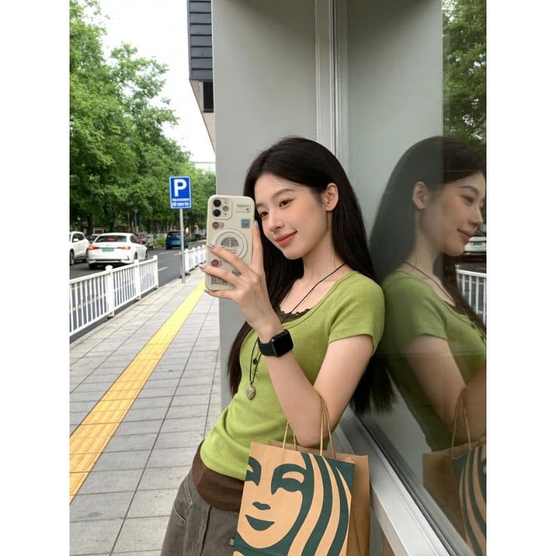 프랑스 리브 원본 원단 한 부서 페이크 레이어드 레이스 조각 반팔 티셔츠 여성 녹색 몸매 가꾸기 맨위 이미지 6