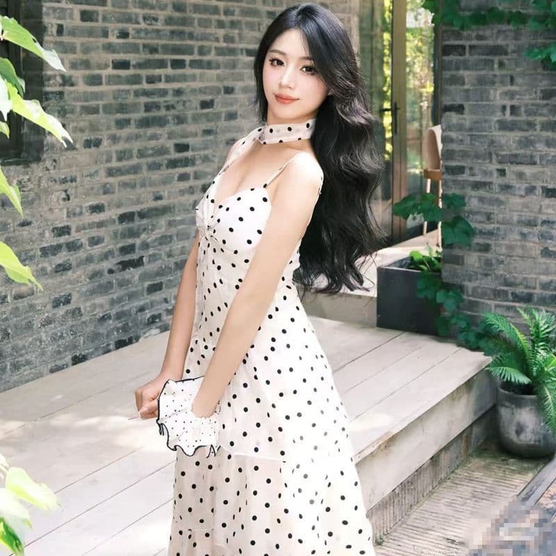 원본 것 있음 네리 디자인 센스 프랑스식 도트 무늬 허리 수축 슬림해 보이는 슬립 드레스 부드러운 바람 케이크 치마 이미지 5