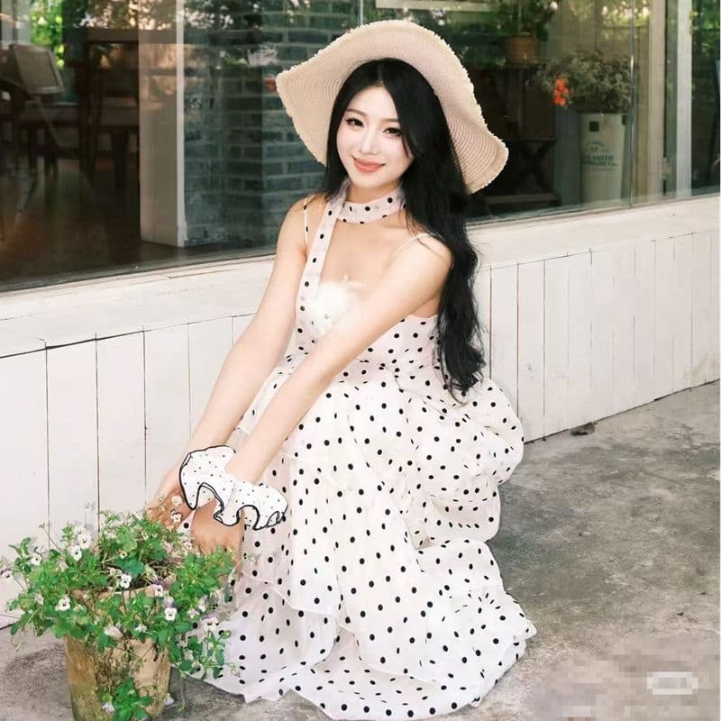 원본 것 있음 네리 디자인 센스 프랑스식 도트 무늬 허리 수축 슬림해 보이는 슬립 드레스 부드러운 바람 케이크 치마 이미지 4