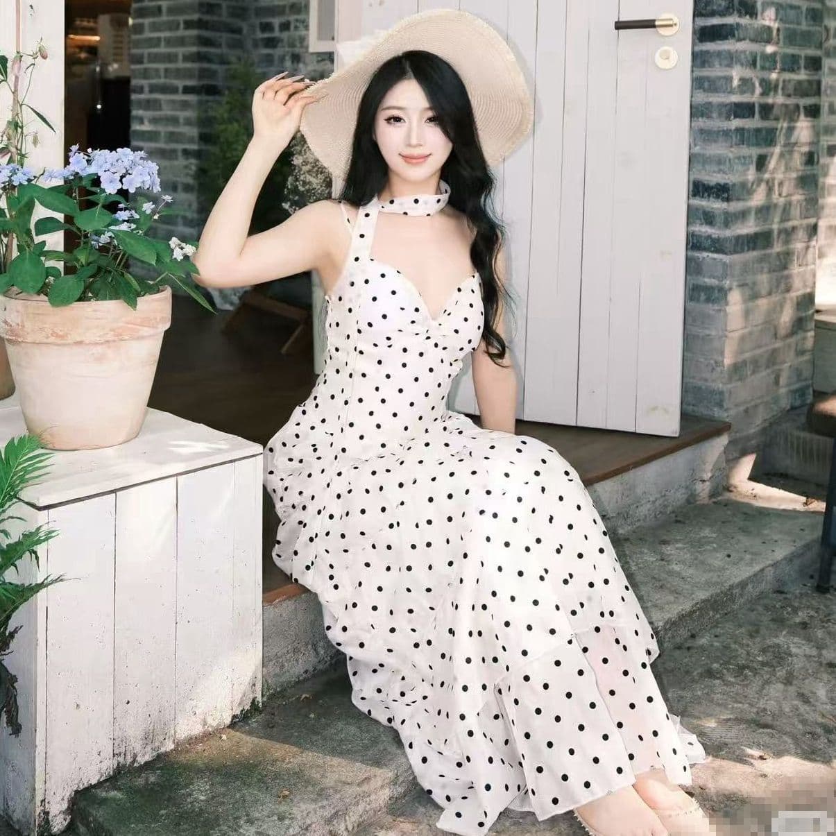 원본 것 있음 네리 디자인 센스 프랑스식 도트 무늬 허리 수축 슬림해 보이는 슬립 드레스 부드러운 바람 케이크 치마 이미지 2