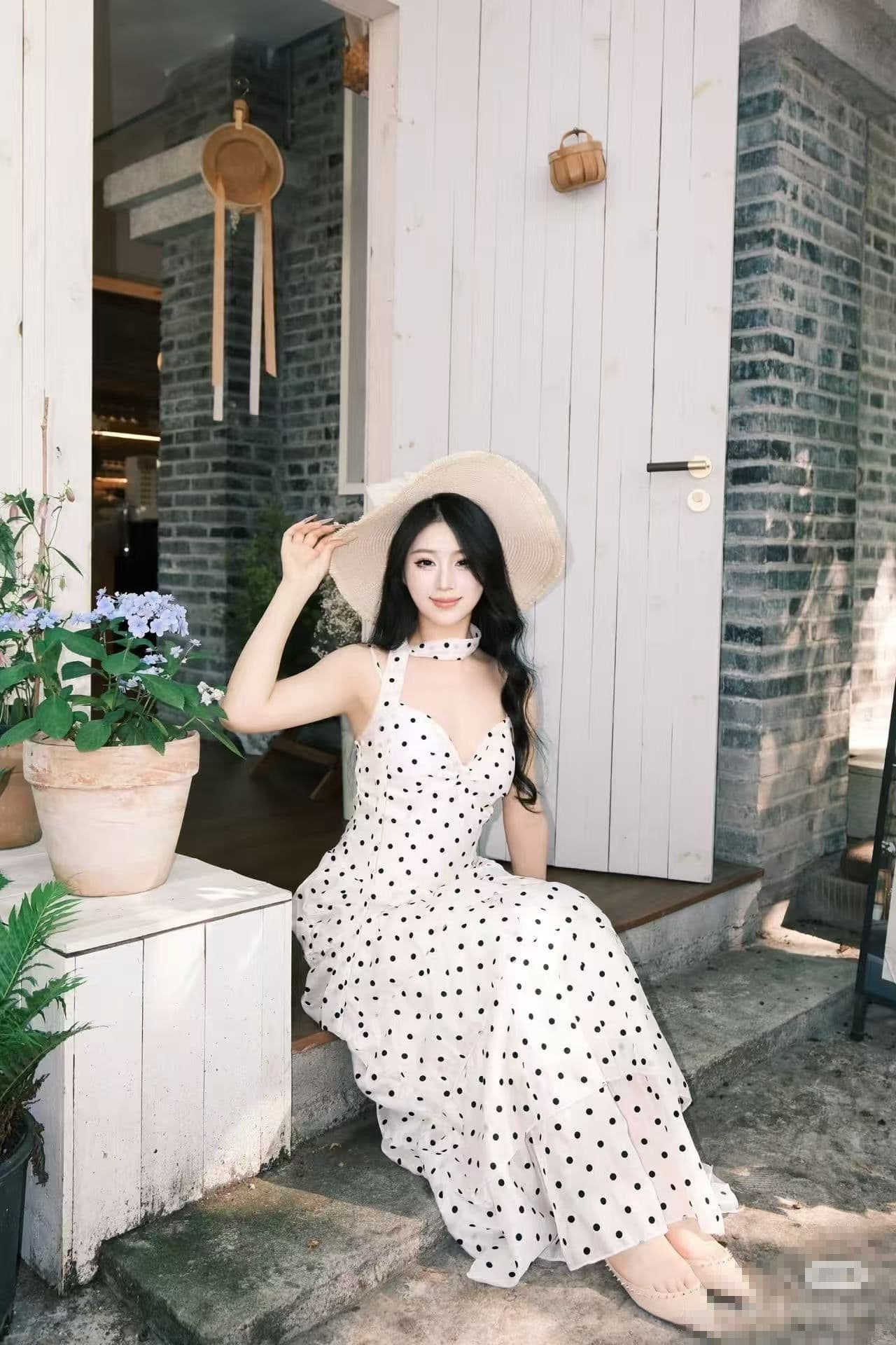 원본 것 있음 네리 디자인 센스 프랑스식 도트 무늬 허리 수축 슬림해 보이는 슬립 드레스 부드러운 바람 케이크 치마 상세 이미지 1