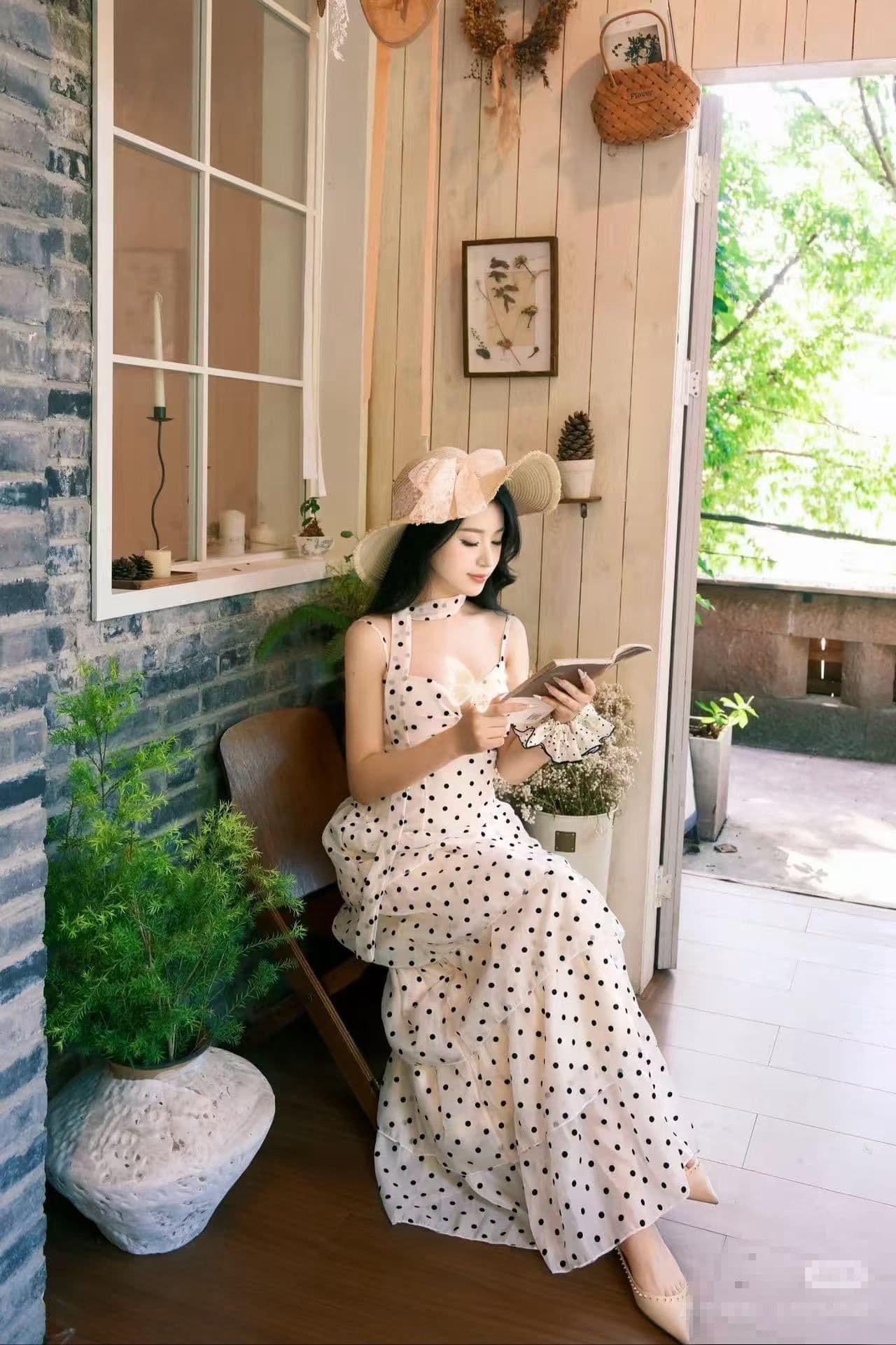 원본 것 있음 네리 디자인 센스 프랑스식 도트 무늬 허리 수축 슬림해 보이는 슬립 드레스 부드러운 바람 케이크 치마 상세 이미지 2