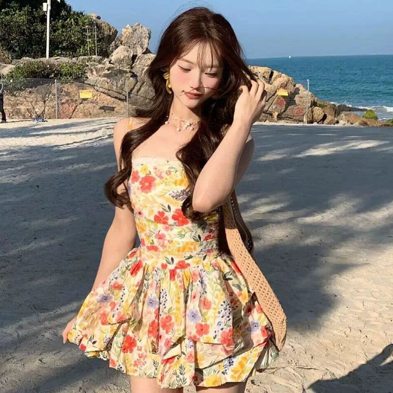 원본 것 있음 네리 프랑스식 달콤함 꽃무늬 슬립 해변가 휴가 레이스 조각 허리 수축 꽃밭 미니 스커트 여성