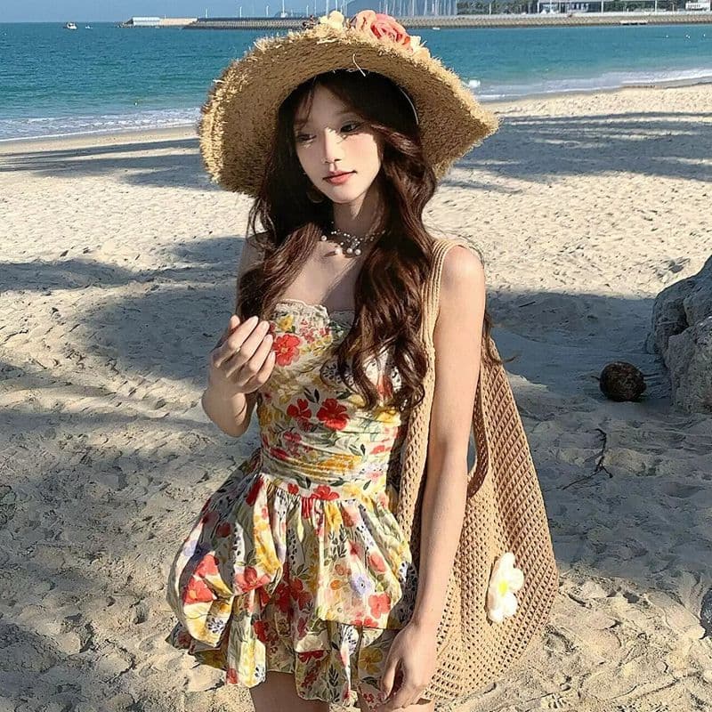 원본 것 있음 네리 프랑스식 달콤함 꽃무늬 슬립 해변가 휴가 레이스 조각 허리 수축 꽃밭 미니 스커트 여성 이미지 3