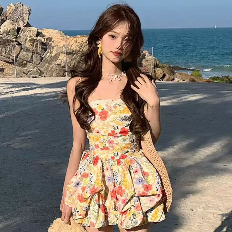 원본 것 있음 네리 프랑스식 달콤함 꽃무늬 슬립 해변가 휴가 레이스 조각 허리 수축 꽃밭 미니 스커트 여성 이미지 4
