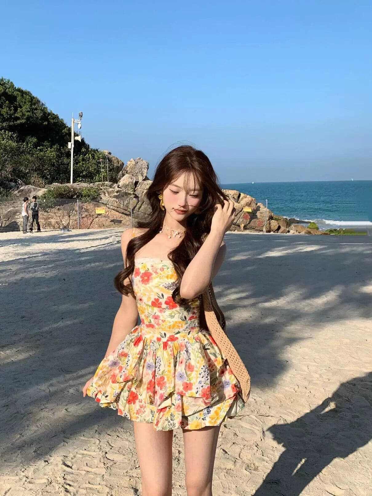 원본 것 있음 네리 프랑스식 달콤함 꽃무늬 슬립 해변가 휴가 레이스 조각 허리 수축 꽃밭 미니 스커트 여성 상세 이미지 2