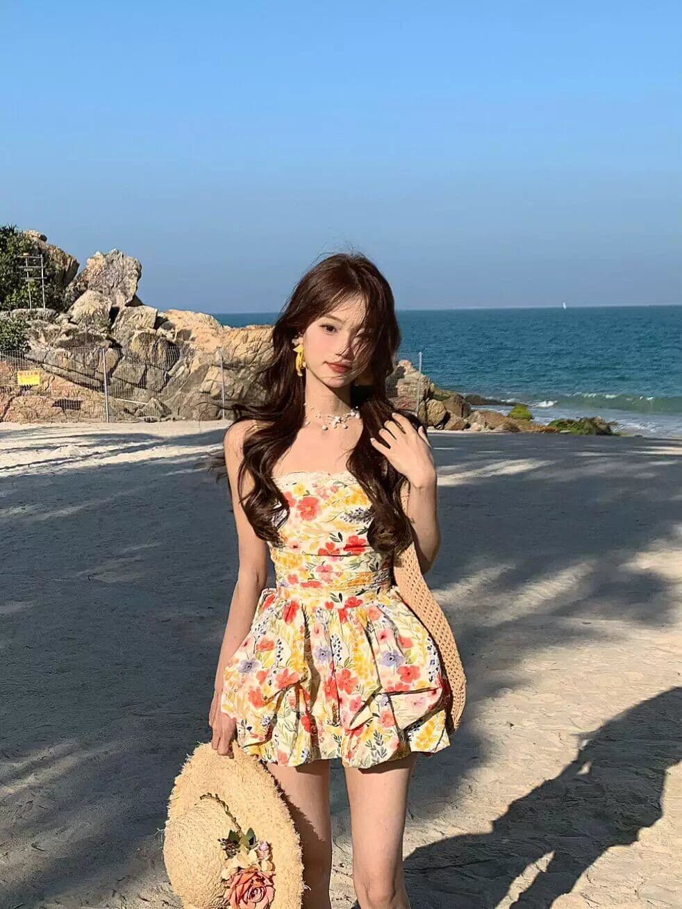 원본 것 있음 네리 프랑스식 달콤함 꽃무늬 슬립 해변가 휴가 레이스 조각 허리 수축 꽃밭 미니 스커트 여성 상세 이미지 5