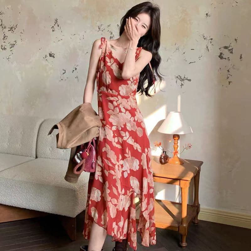 자이언트 잘 생긴 ~ 중 빨간색 꽃무늬 드레스 2026 여름 새로운 치마 도파민 꼬집기 허리 해변가 딩 Da 서울 치마 이미지 5