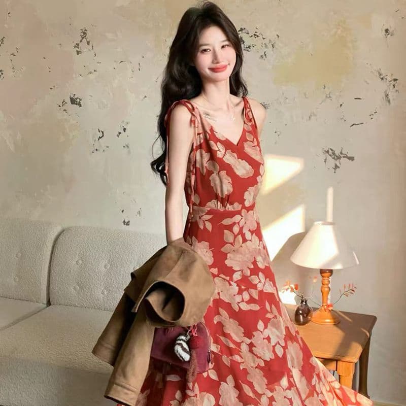 자이언트 잘 생긴 ~ 중 빨간색 꽃무늬 드레스 2026 여름 새로운 치마 도파민 꼬집기 허리 해변가 딩 Da 서울 치마 이미지 2
