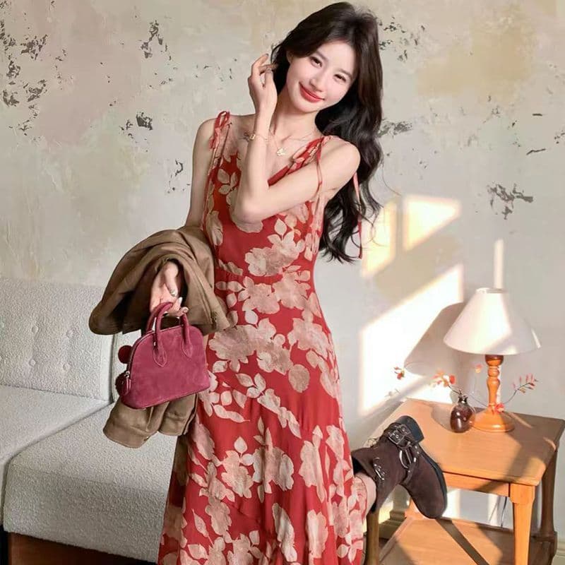 자이언트 잘 생긴 ~ 중 빨간색 꽃무늬 드레스 2026 여름 새로운 치마 도파민 꼬집기 허리 해변가 딩 Da 서울 치마