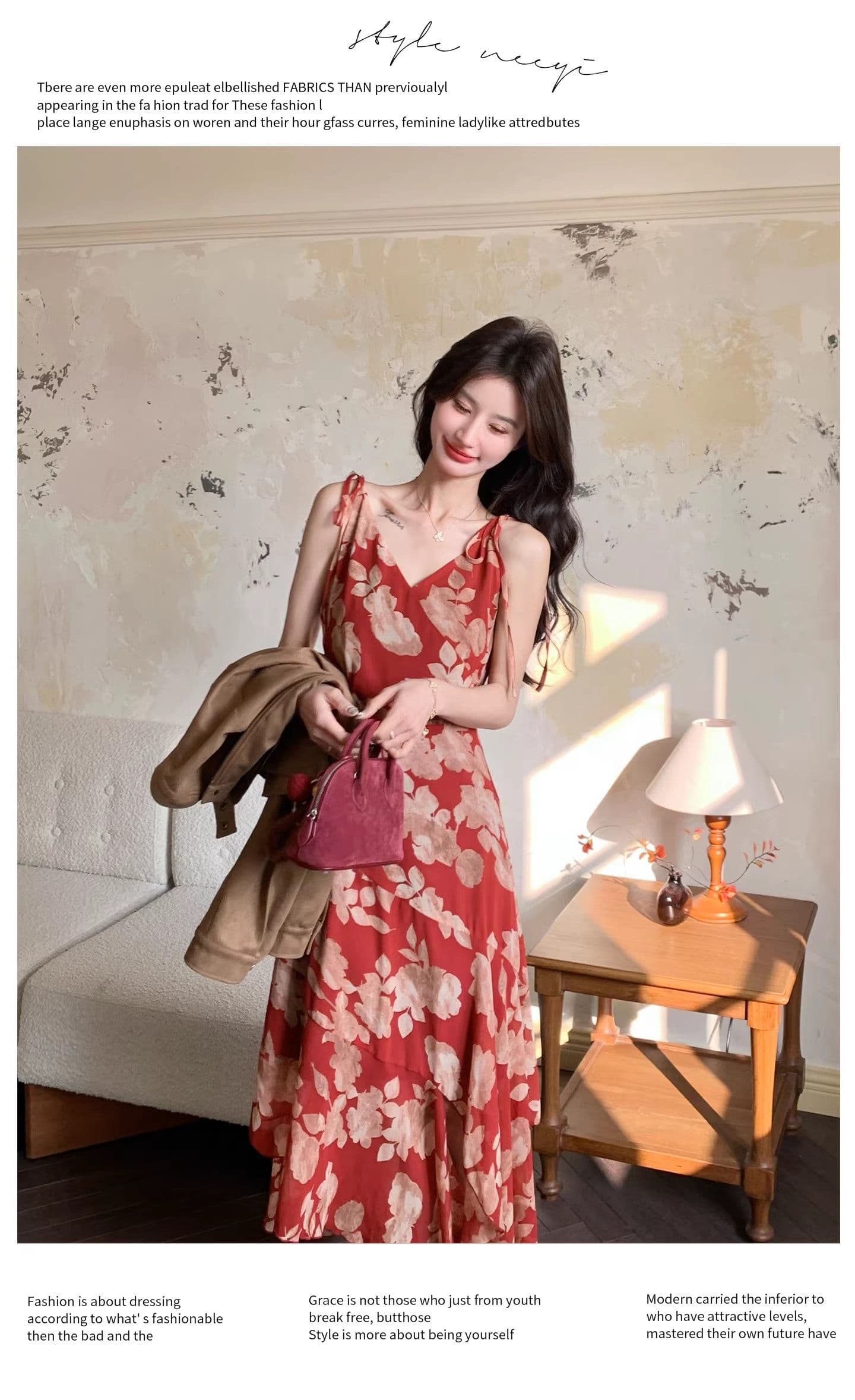 자이언트 잘 생긴 ~ 중 빨간색 꽃무늬 드레스 2026 여름 새로운 치마 도파민 꼬집기 허리 해변가 딩 Da 서울 치마 상세 이미지 9