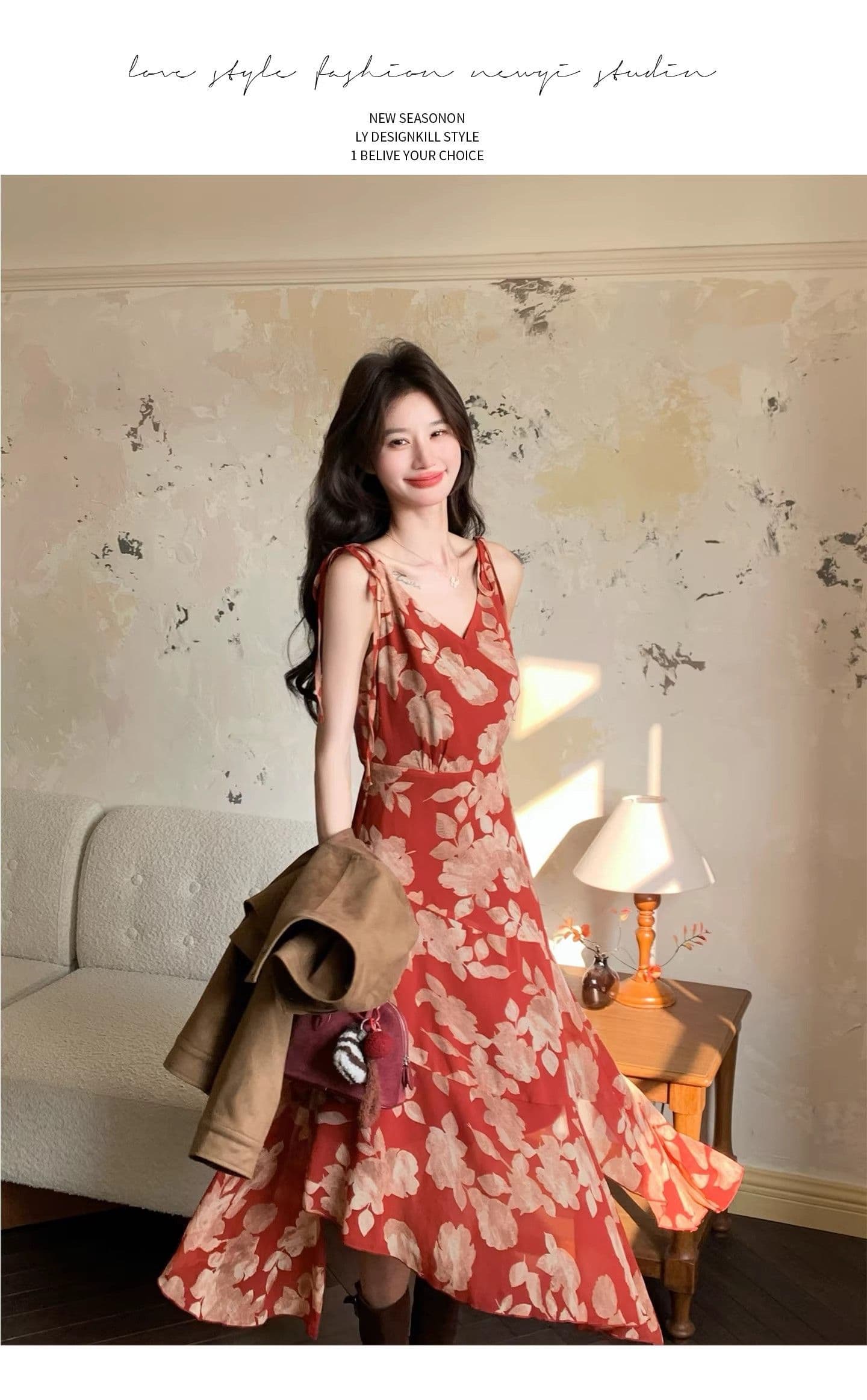 자이언트 잘 생긴 ~ 중 빨간색 꽃무늬 드레스 2026 여름 새로운 치마 도파민 꼬집기 허리 해변가 딩 Da 서울 치마 상세 이미지 15