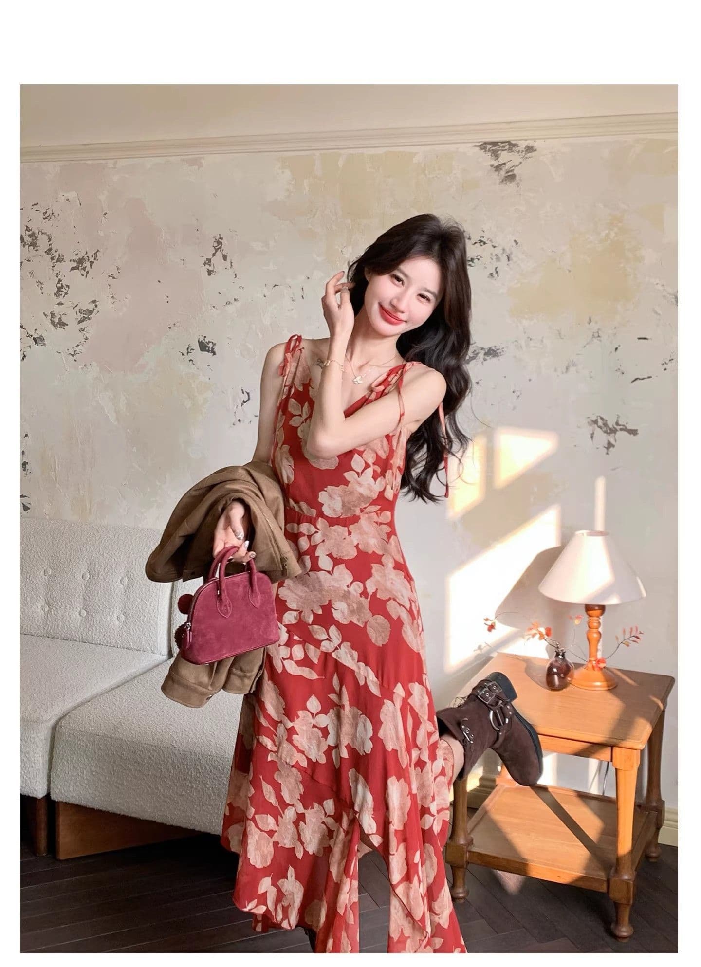 자이언트 잘 생긴 ~ 중 빨간색 꽃무늬 드레스 2026 여름 새로운 치마 도파민 꼬집기 허리 해변가 딩 Da 서울 치마 상세 이미지 16