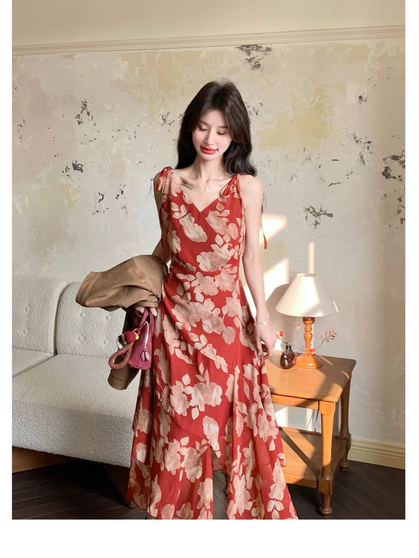 자이언트 잘 생긴 ~ 중 빨간색 꽃무늬 드레스 2026 여름 새로운 치마 도파민 꼬집기 허리 해변가 딩 Da 서울 치마 상세 이미지 17