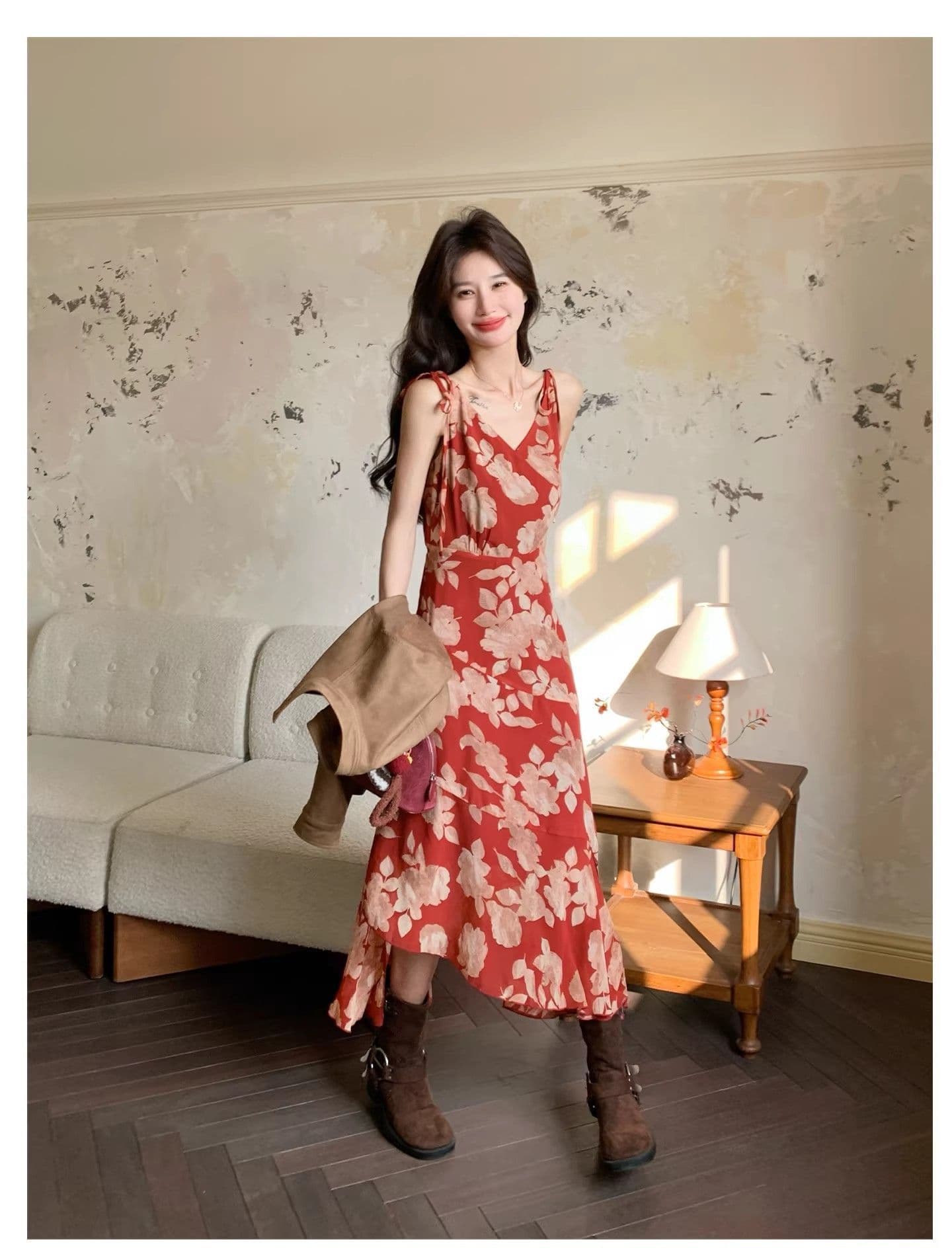 자이언트 잘 생긴 ~ 중 빨간색 꽃무늬 드레스 2026 여름 새로운 치마 도파민 꼬집기 허리 해변가 딩 Da 서울 치마 상세 이미지 22