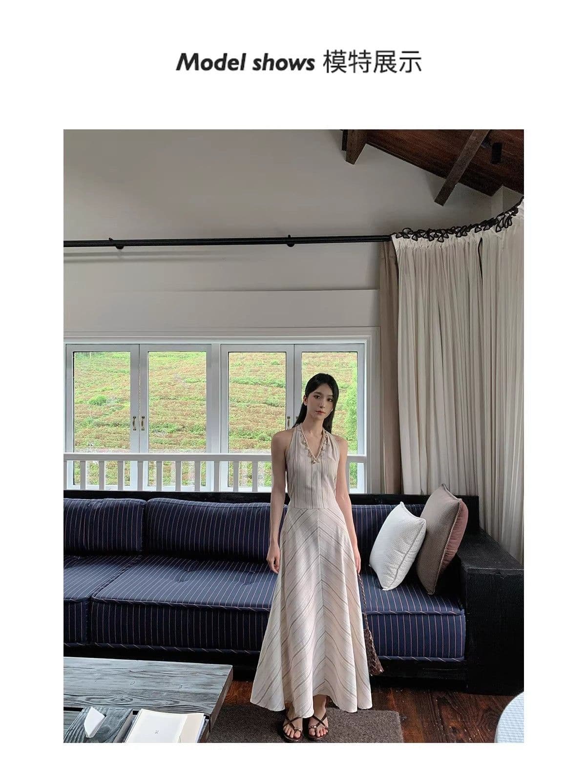 새로운 프랑스식 고급 디자인 센스 베이지 색 V넥 조개 행침 목 A라인 스커트 커피 색상 스트라이프 민소매 여성 드레스 여름 상세 이미지 3
