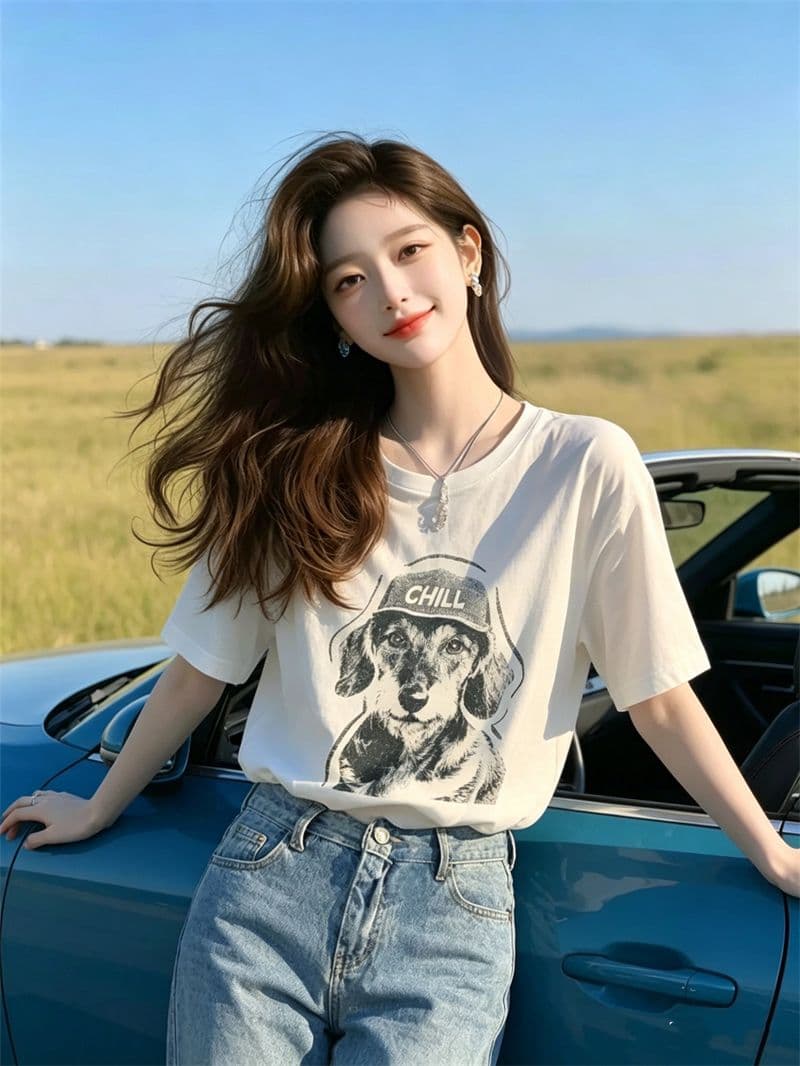 21 순면 210 그램 여름 드레스 반팔 티셔츠 여성 한국 스타일 빅 사이즈 루즈핏 상세 이미지 3