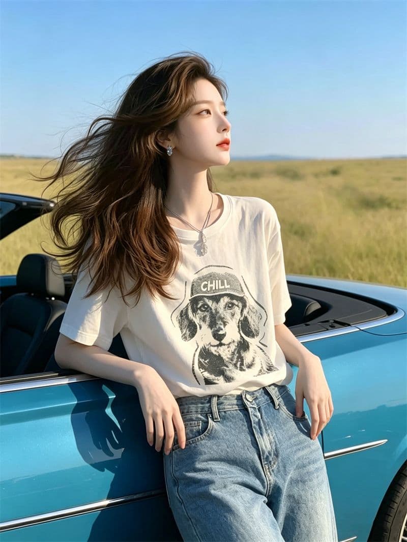 21 순면 210 그램 여름 드레스 반팔 티셔츠 여성 한국 스타일 빅 사이즈 루즈핏 상세 이미지 4