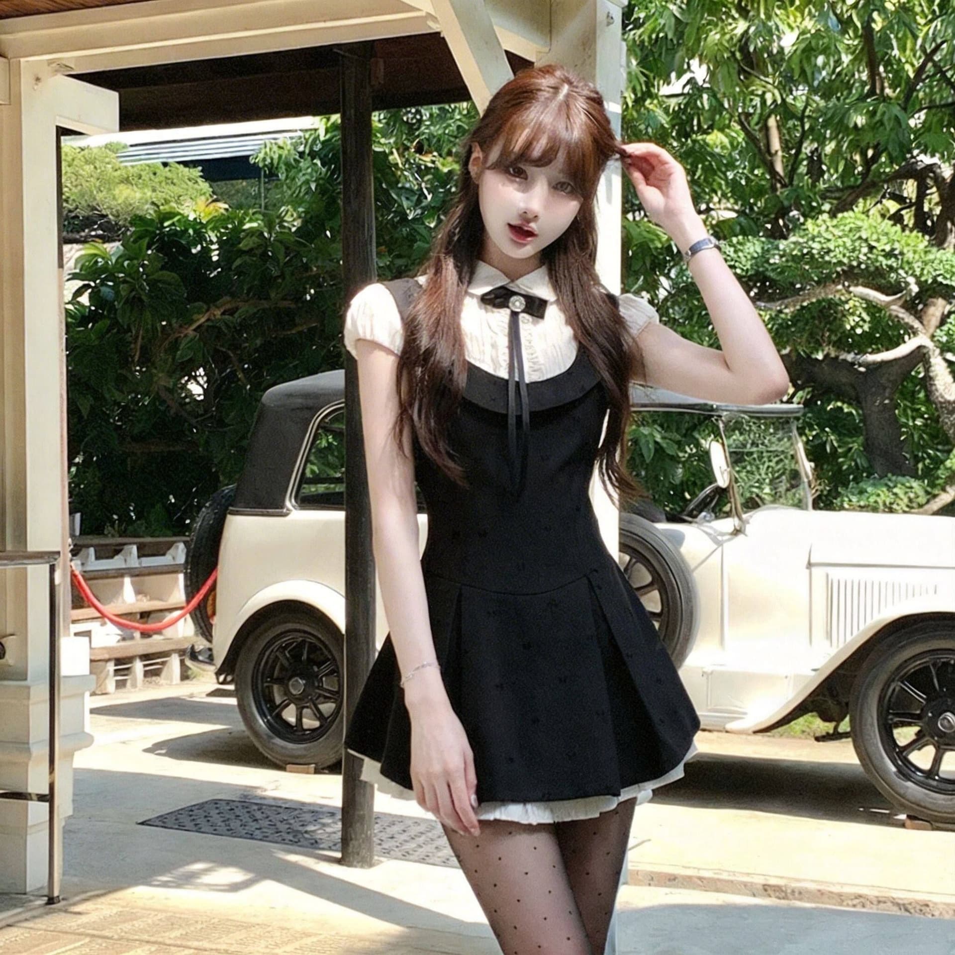 여름 자이언트 잘 생긴 ~ 중 꼬집기 허리 페이크 레이어드 학원 스타일 여성 드레스 여름 작은 키 천 골드 miu 부서 작은 검은 드레스 상세 이미지 2