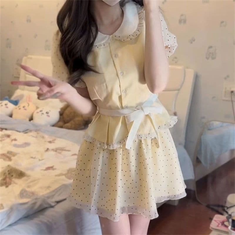 달콤한 자매 학원 스타일 도트 무늬 반신 치마 세트 여성 여름 베이비 칼라 반팔 맨위 케이크 미니 스커트 투피스 세트 이미지 5
