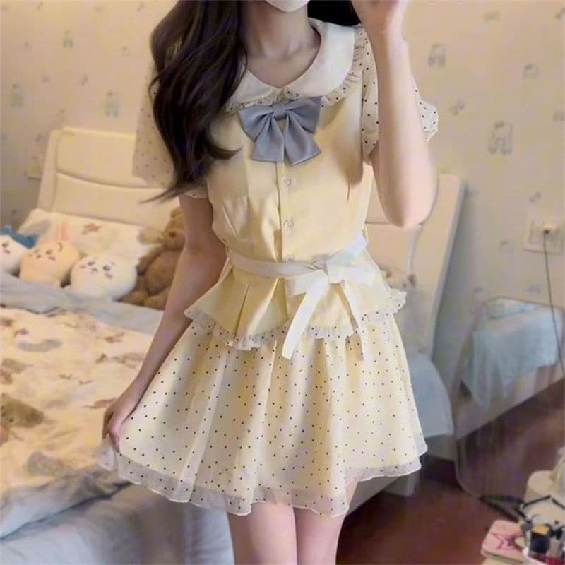 달콤한 자매 학원 스타일 도트 무늬 반신 치마 세트 여성 여름 베이비 칼라 반팔 맨위 케이크 미니 스커트 투피스 세트 이미지 4