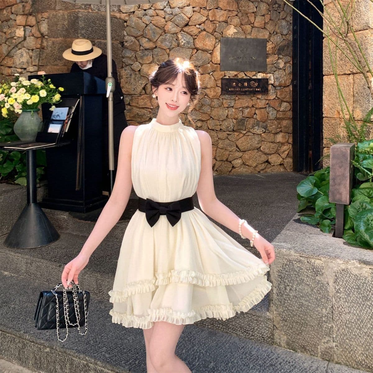 프랑스식 천 금빛 바람 고대 조기 센스 민소매 여성 드레스 여름 레트로 vintage 나비 매듭 슬림해 보이는 짧은 치마 이미지 5