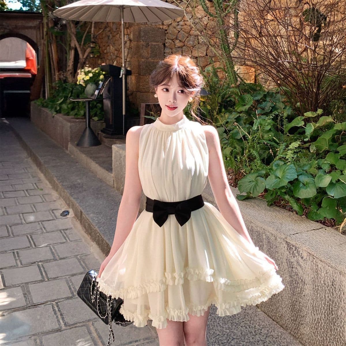 프랑스식 천 금빛 바람 고대 조기 센스 민소매 여성 드레스 여름 레트로 vintage 나비 매듭 슬림해 보이는 짧은 치마 상세 이미지 1