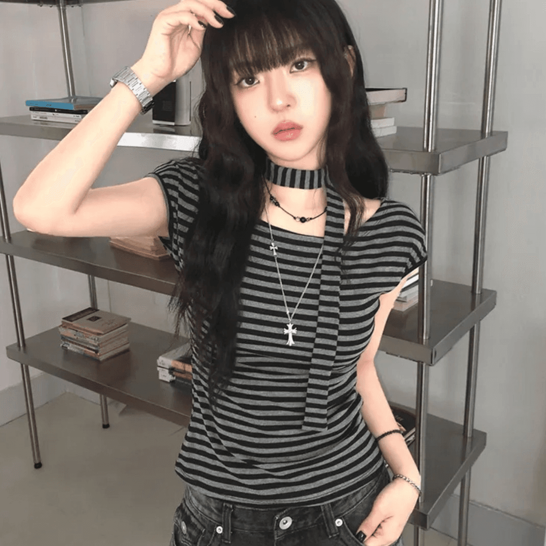 원본 원단 컬러 짜임 기사 오프숄더 리본 디자인 스트라이프 반팔 티셔츠 여성 핫걸 슬림해 보이는 허리 수축 다용도 맨위 이미지 2