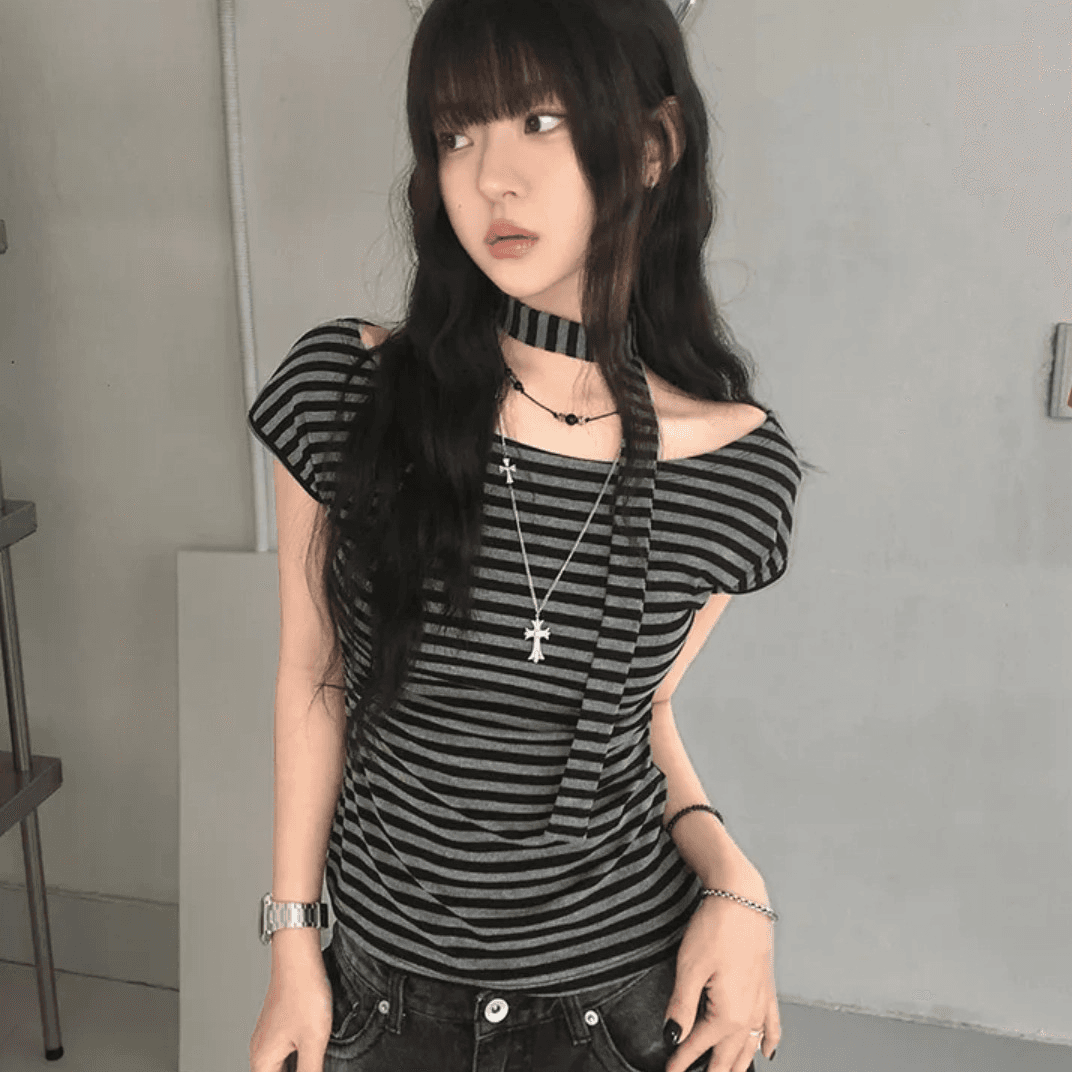 원본 원단 컬러 짜임 기사 오프숄더 리본 디자인 스트라이프 반팔 티셔츠 여성 핫걸 슬림해 보이는 허리 수축 다용도 맨위