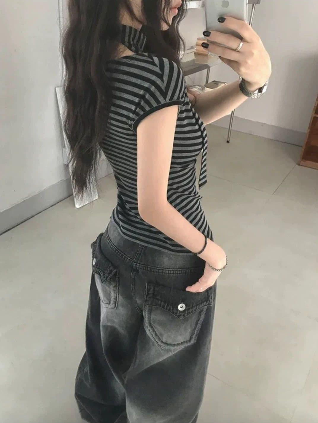 원본 원단 컬러 짜임 기사 오프숄더 리본 디자인 스트라이프 반팔 티셔츠 여성 핫걸 슬림해 보이는 허리 수축 다용도 맨위 상세 이미지 1