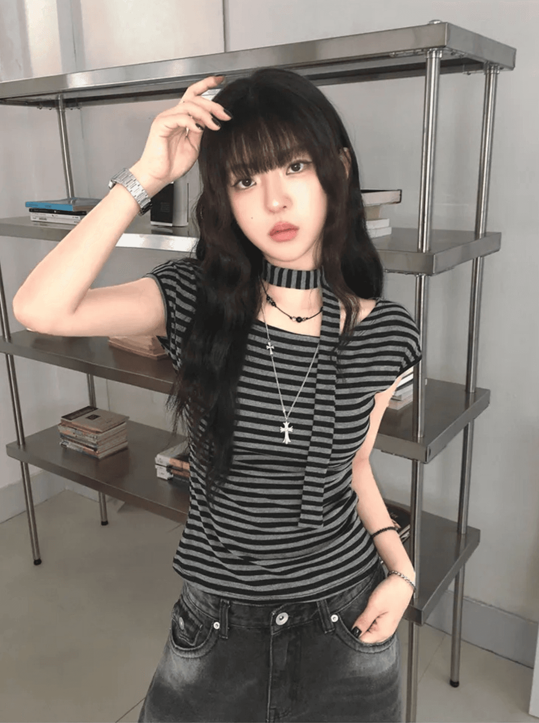 원본 원단 컬러 짜임 기사 오프숄더 리본 디자인 스트라이프 반팔 티셔츠 여성 핫걸 슬림해 보이는 허리 수축 다용도 맨위 상세 이미지 3