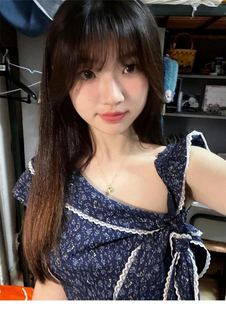 있음 안감 파란색 나비 매듭 비스듬한 어깨 꽃무늬 여성 드레스 여름 새로운 작은 키 품격 타이트 스커트 미니 스커트 상세 이미지 2