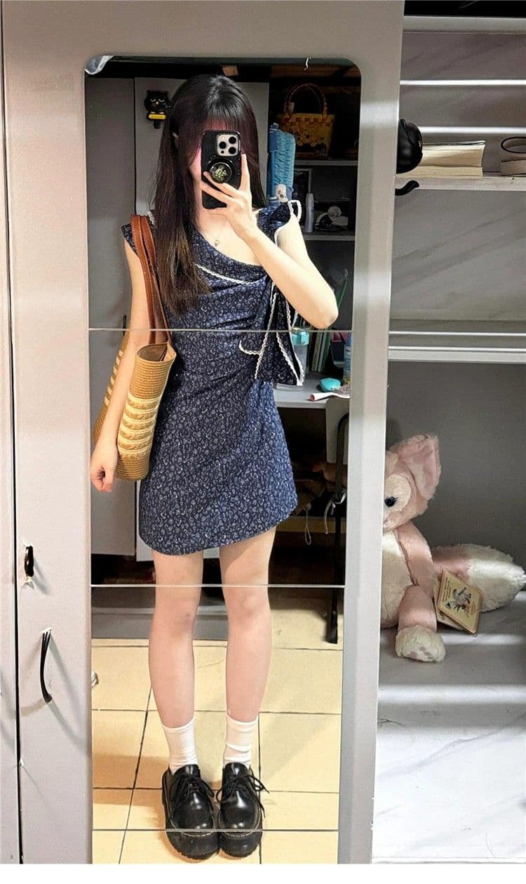 있음 안감 파란색 나비 매듭 비스듬한 어깨 꽃무늬 여성 드레스 여름 새로운 작은 키 품격 타이트 스커트 미니 스커트 상세 이미지 3