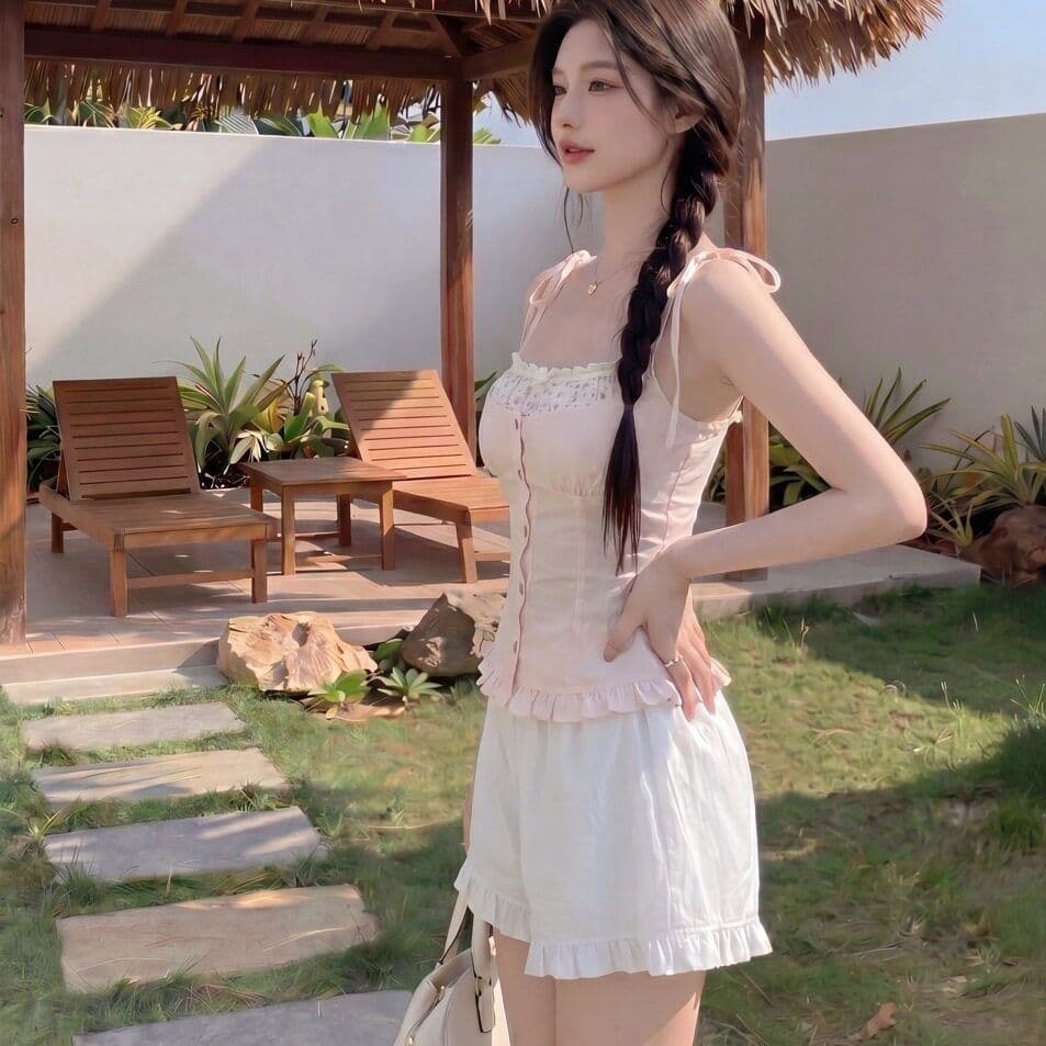모방 주간 실크 원단 레이스 레이스 페이크 레이어드 꽃무늬 쇼트 스타일 캐미솔 여름 발레 바람 이미지 4