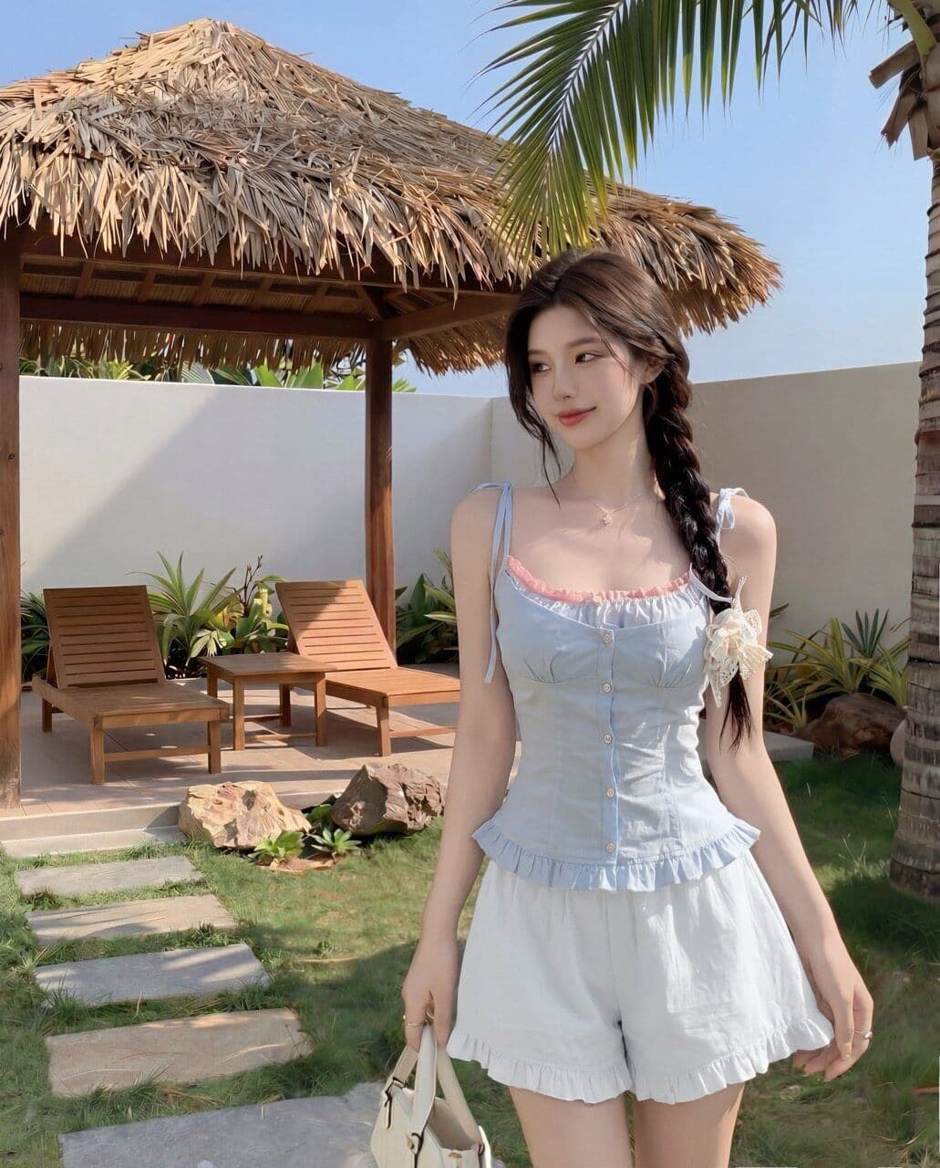 모방 주간 실크 원단 레이스 레이스 페이크 레이어드 꽃무늬 쇼트 스타일 캐미솔 여름 발레 바람 상세 이미지 5