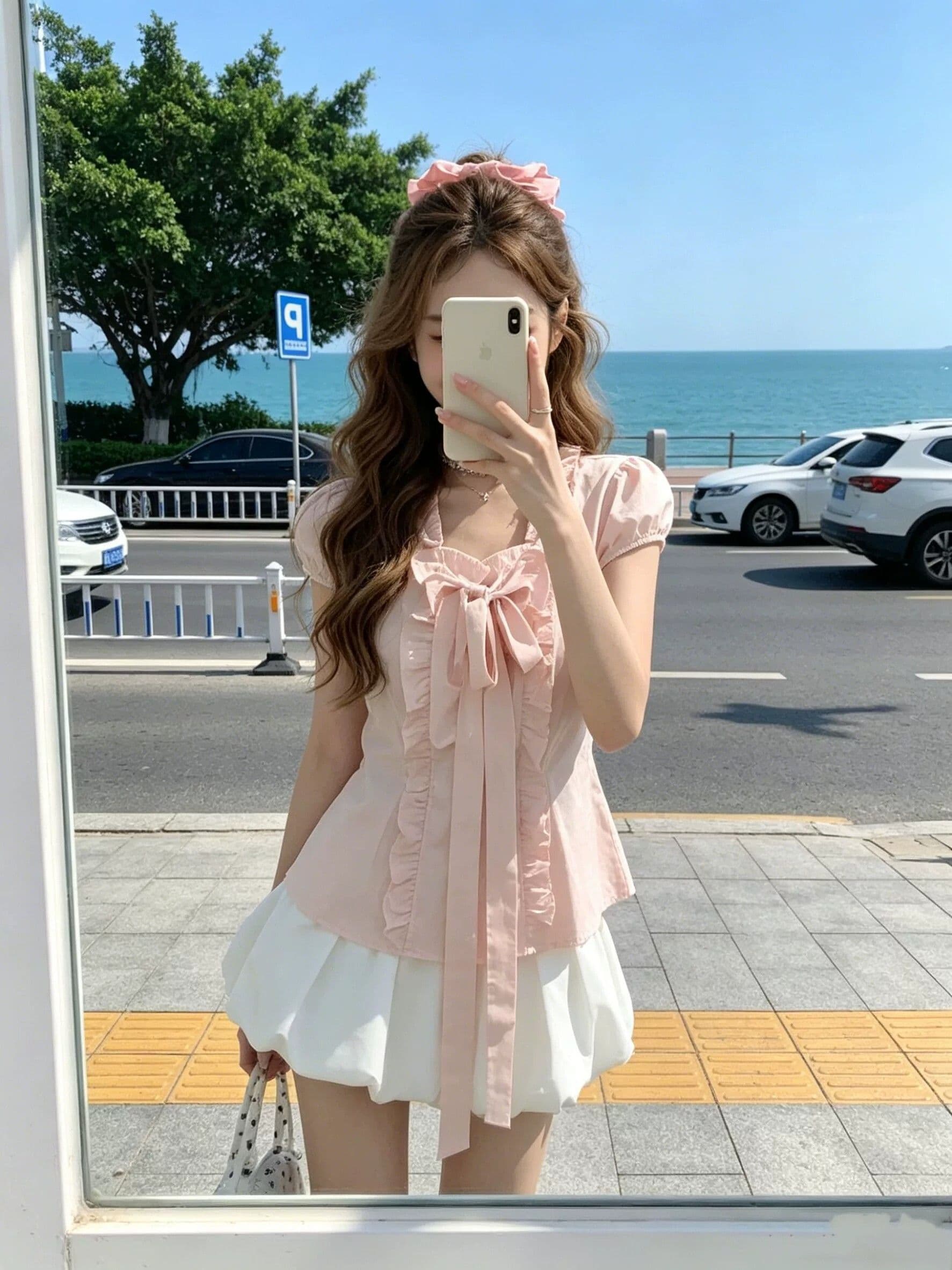 반팔 달콤한 스타일 프릴 나비 매듭 여성 셔츠 허리 수축 슬림해 보이는 프랑스식 부드러운 바람 거품 소매 맨위 여름 상세 이미지 8