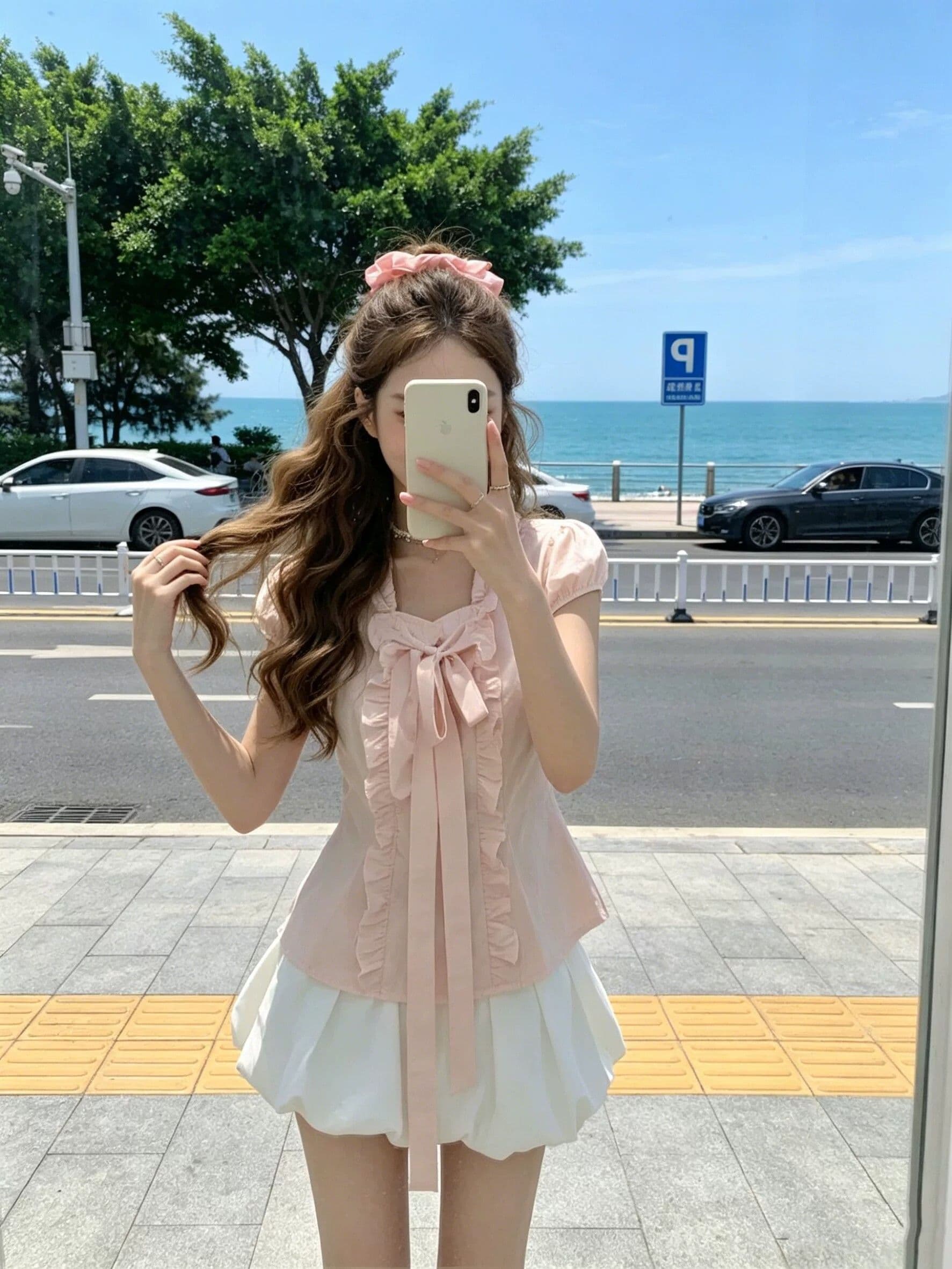 반팔 달콤한 스타일 프릴 나비 매듭 여성 셔츠 허리 수축 슬림해 보이는 프랑스식 부드러운 바람 거품 소매 맨위 여름 상세 이미지 11
