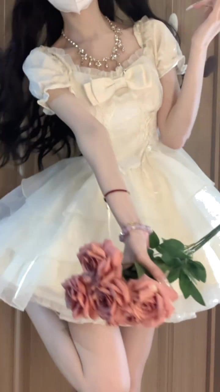 나비 매듭 자카드 유럽 오간자 요정 센스 여성 드레스 여름 새로운 도망자 공주 퍼프 짧은 치마 상세 이미지 4