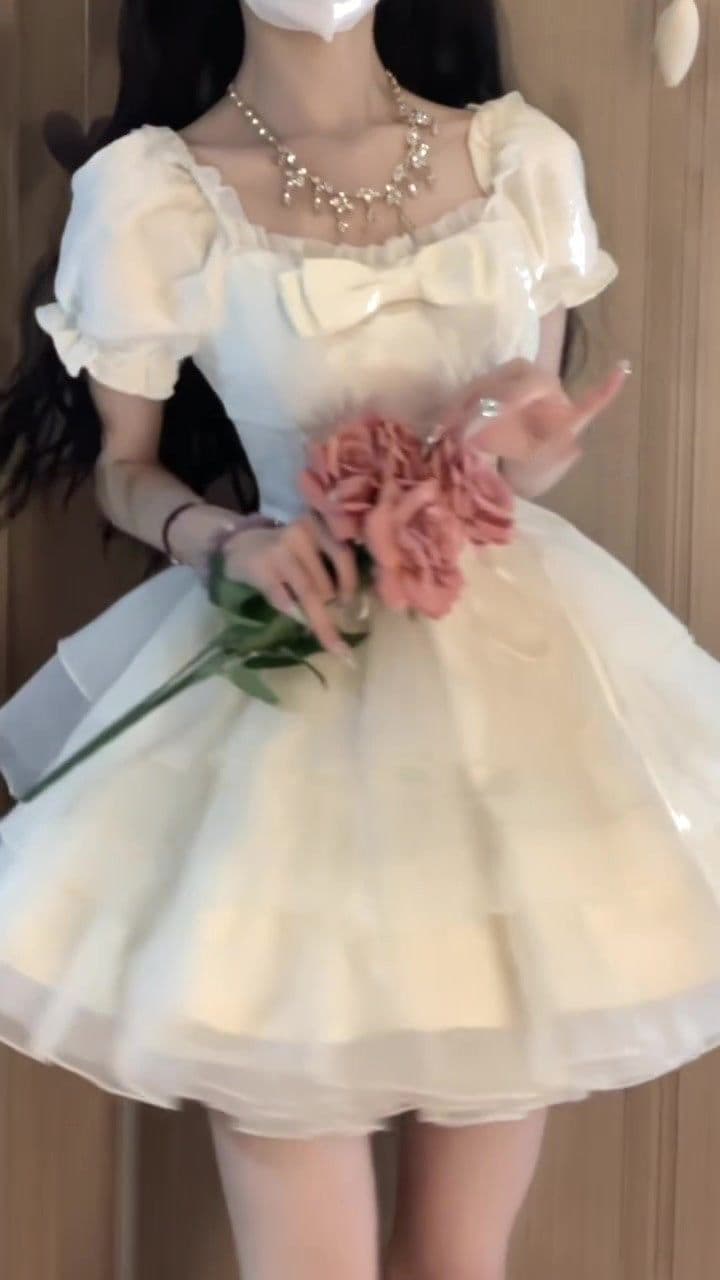 나비 매듭 자카드 유럽 오간자 요정 센스 여성 드레스 여름 새로운 도망자 공주 퍼프 짧은 치마 상세 이미지 9