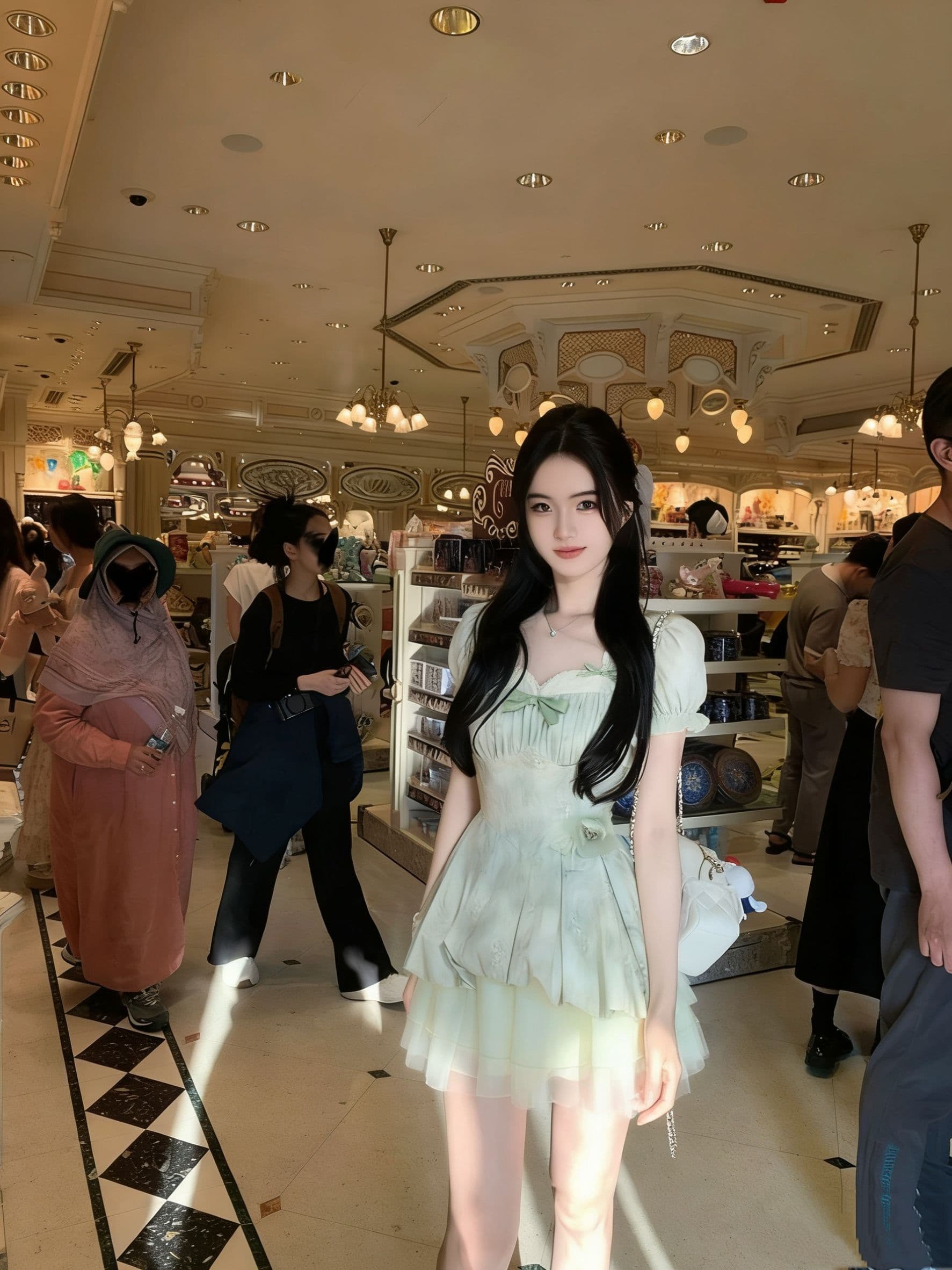 blovelan 녹색 레몬 얼음 코코넛 작은 청신 레이스 거품 소매 자카드 허리 수축 소녀 공주 퍼프 드레스 이미지 3
