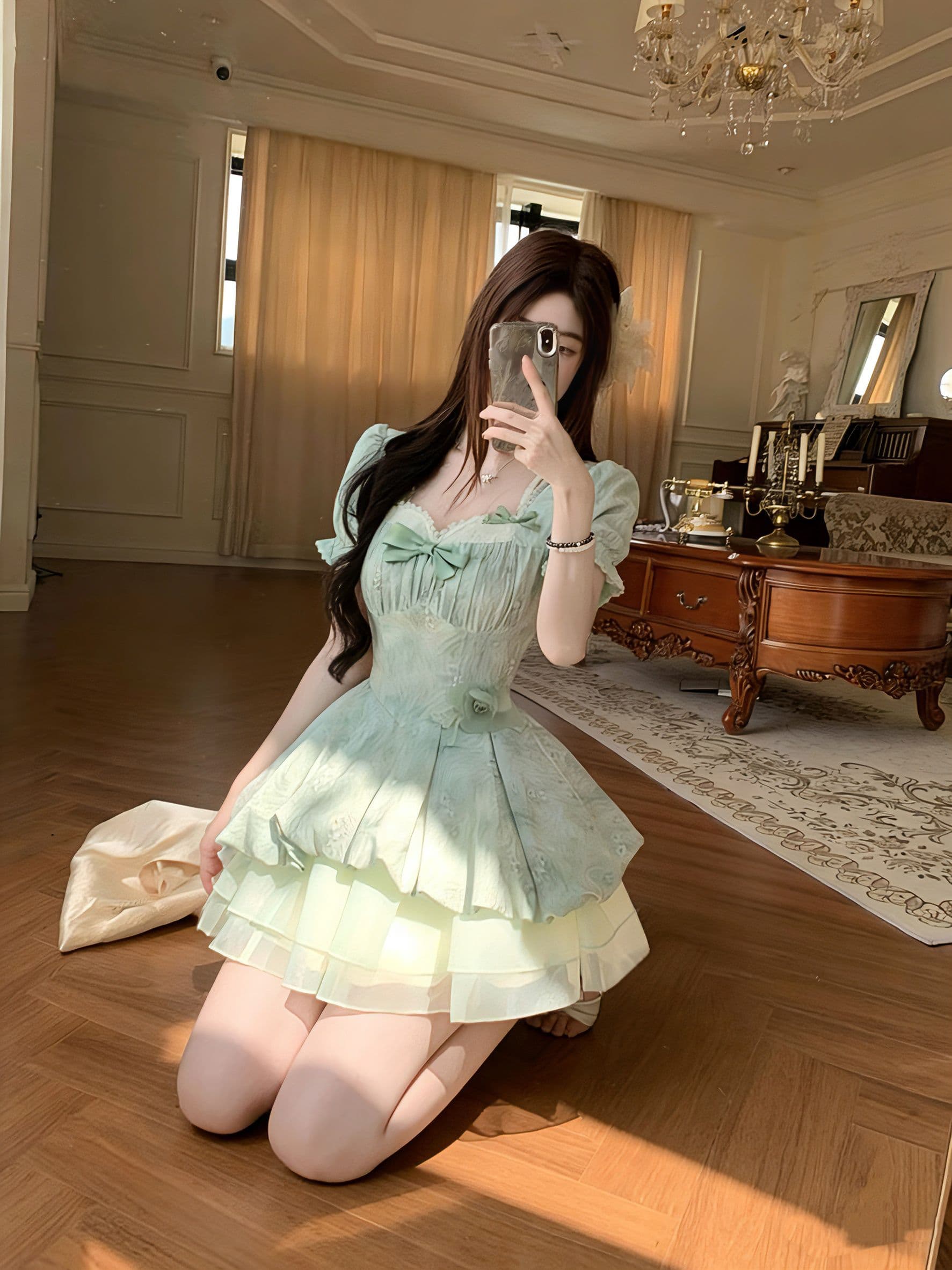 blovelan 녹색 레몬 얼음 코코넛 작은 청신 레이스 거품 소매 자카드 허리 수축 소녀 공주 퍼프 드레스 이미지 2