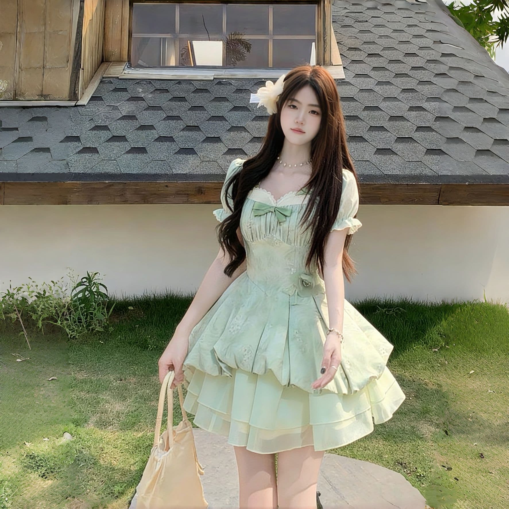blovelan 녹색 레몬 얼음 코코넛 작은 청신 레이스 거품 소매 자카드 허리 수축 소녀 공주 퍼프 드레스 상세 이미지 6