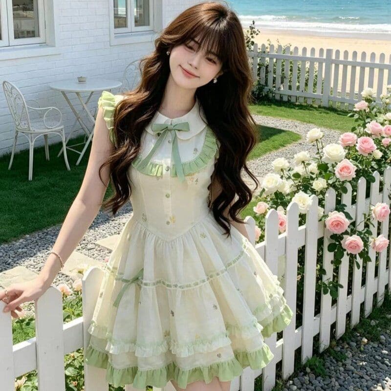 blovelan 휩쓸다 봄 팁 작은 청신 달콤함 베이비 칼라 케이크 퍼프 미니 스커트 드레스 여름 새로운