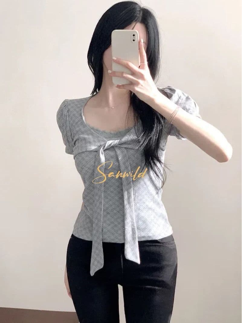 여름 새로운 한 부서 레이스 레이스 체크무늬 나비 매듭 긍정적 인 어깨 임산부 티셔츠 여성 슬림해 보이는 디자인 허리 수축 맨위 상세 이미지 2